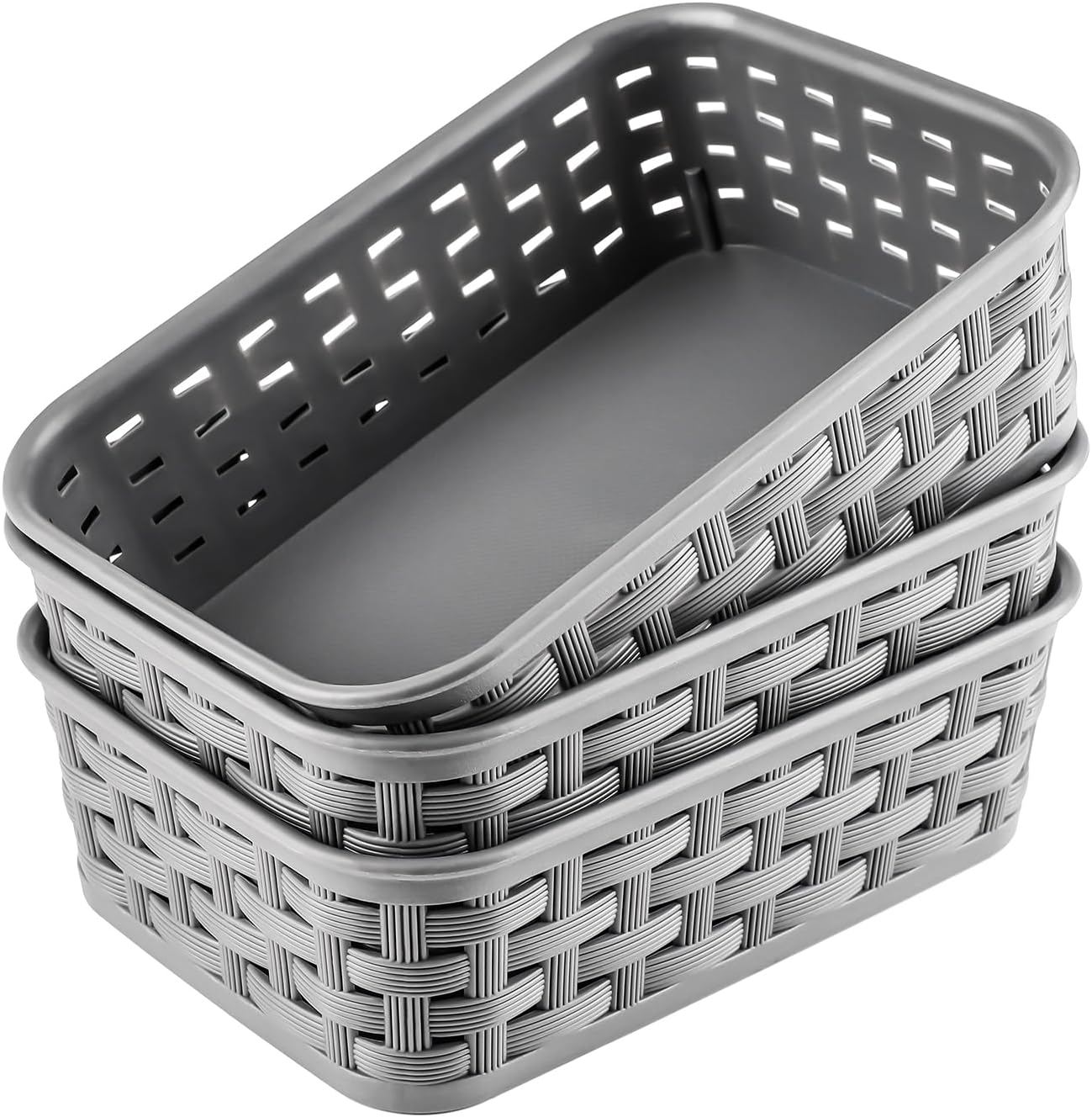 3 Pack Small Plastic Basket, Storage Bin Baskets for Organizing, Pantry Organizer Household Wicker Storage for Laundry Room, Bedrooms, Kitchens, Cabinets, Countertops, Dark Gray