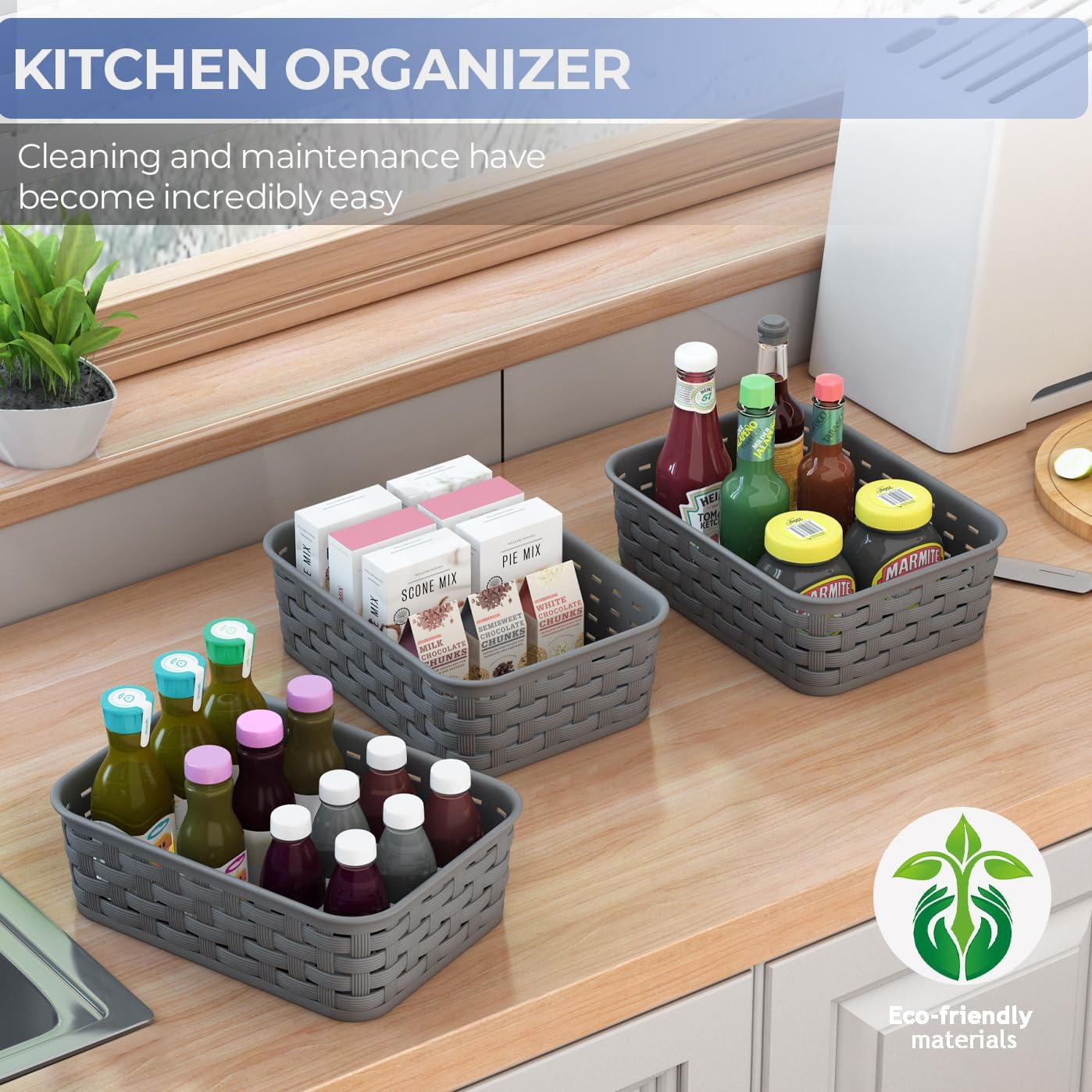 3 Pack Small Plastic Basket, Storage Bin Baskets for Organizing, Pantry Organizer Household Wicker Storage for Laundry Room, Bedrooms, Kitchens, Cabinets, Countertops, Dark Gray - Image 3