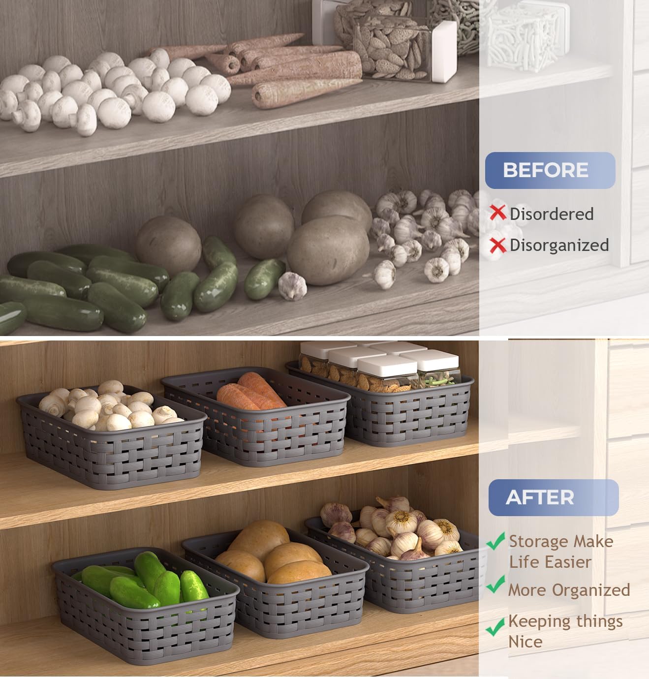 3 Pack Small Plastic Basket, Storage Bin Baskets for Organizing, Pantry Organizer Household Wicker Storage for Laundry Room, Bedrooms, Kitchens, Cabinets, Countertops, Dark Gray - Image 5