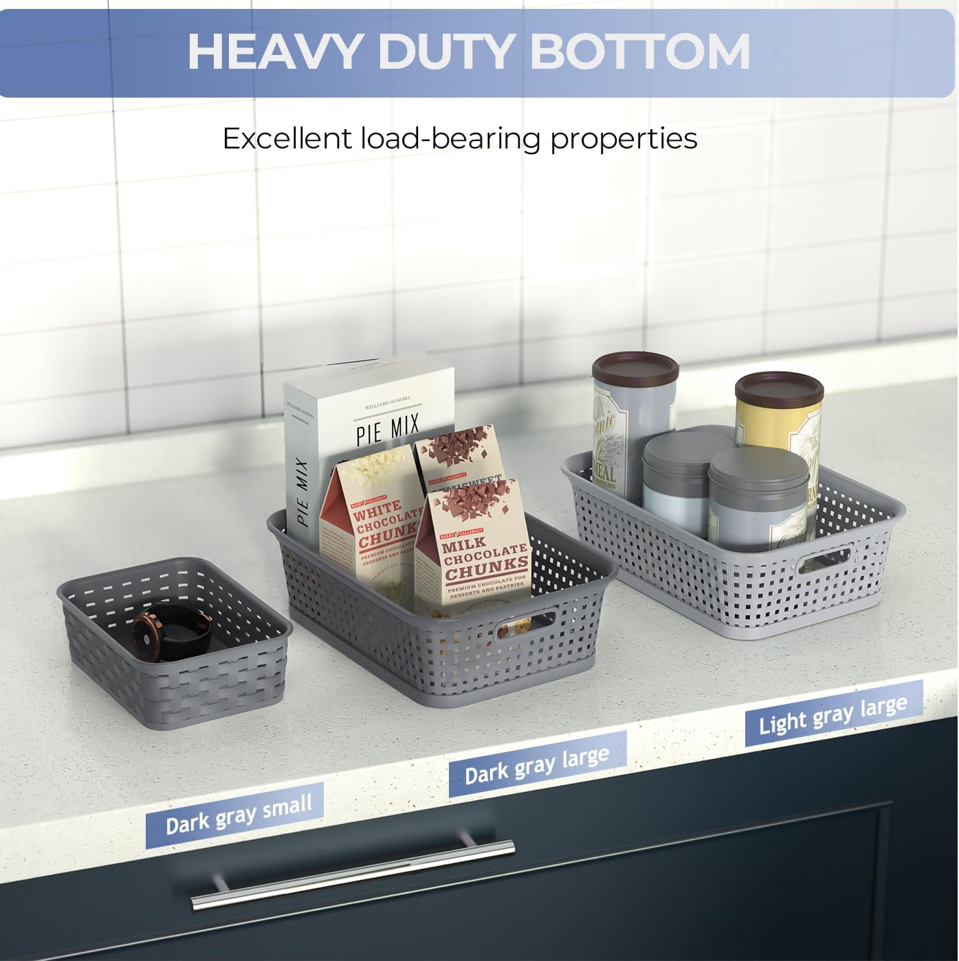 3 Pack Small Plastic Basket, Storage Bin Baskets for Organizing, Pantry Organizer Household Wicker Storage for Laundry Room, Bedrooms, Kitchens, Cabinets, Countertops, Dark Gray - Image 7