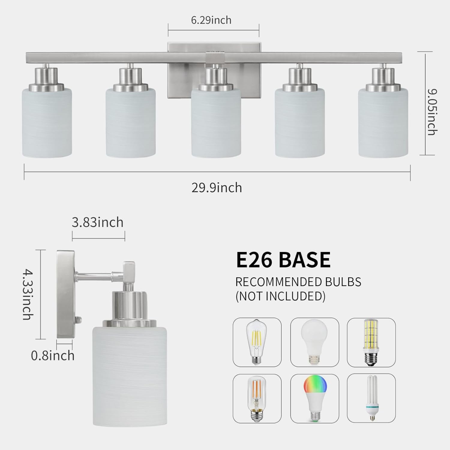 5-Light Bathroom Light Fixtures, 30" Nickel Bathroom Vanity Light with Milky White Glass Shade, Modern Bathroom Wall Lights Over Mirror, Farmhouse Wall Sconces Lighting for Bedroom Living Room - Image 3