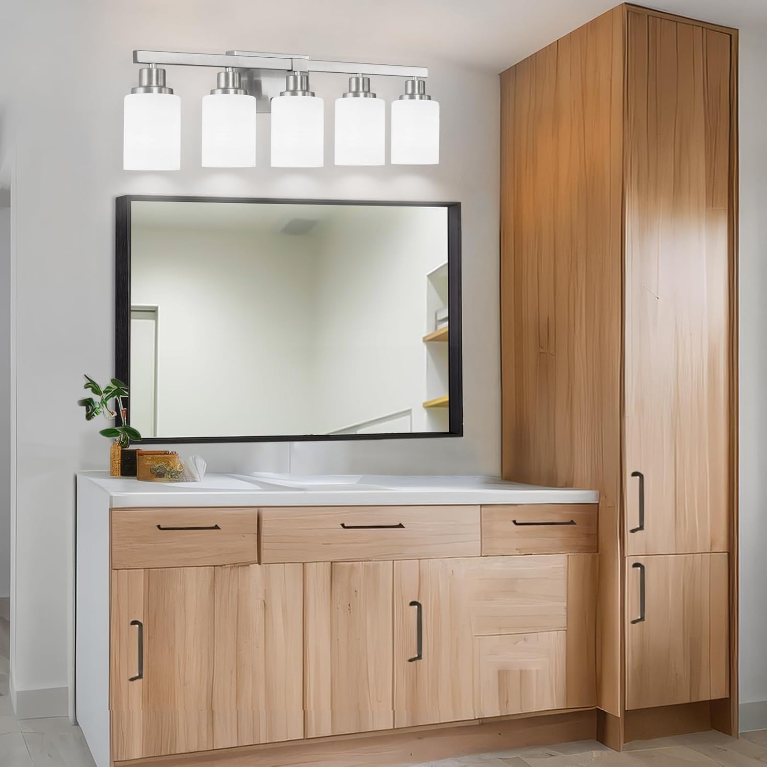 5-Light Bathroom Light Fixtures, 30" Nickel Bathroom Vanity Light with Milky White Glass Shade, Modern Bathroom Wall Lights Over Mirror, Farmhouse Wall Sconces Lighting for Bedroom Living Room - Image 6