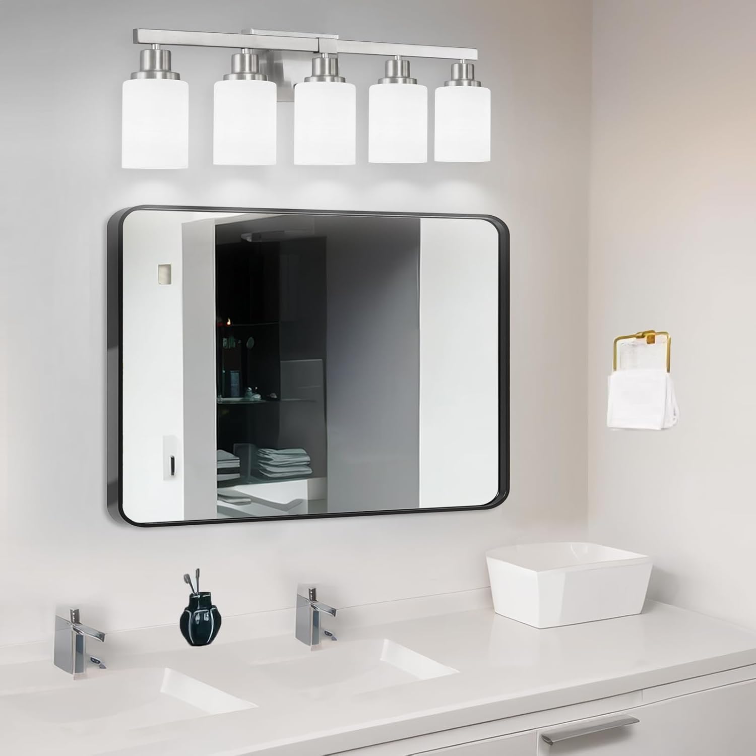 5-Light Bathroom Light Fixtures, 30" Nickel Bathroom Vanity Light with Milky White Glass Shade, Modern Bathroom Wall Lights Over Mirror, Farmhouse Wall Sconces Lighting for Bedroom Living Room - Image 7