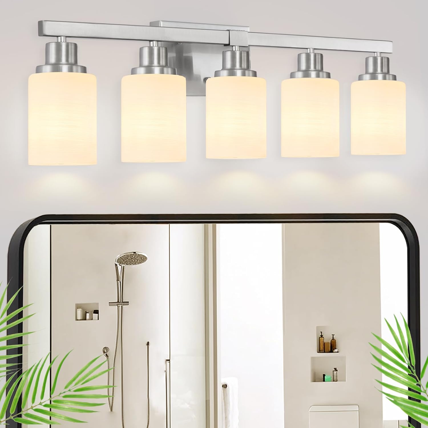5-Light Bathroom Light Fixtures, 30" Nickel Bathroom Vanity Light with Milky White Glass Shade, Modern Bathroom Wall Lights Over Mirror, Farmhouse Wall Sconces Lighting for Bedroom Living Room - Image 8